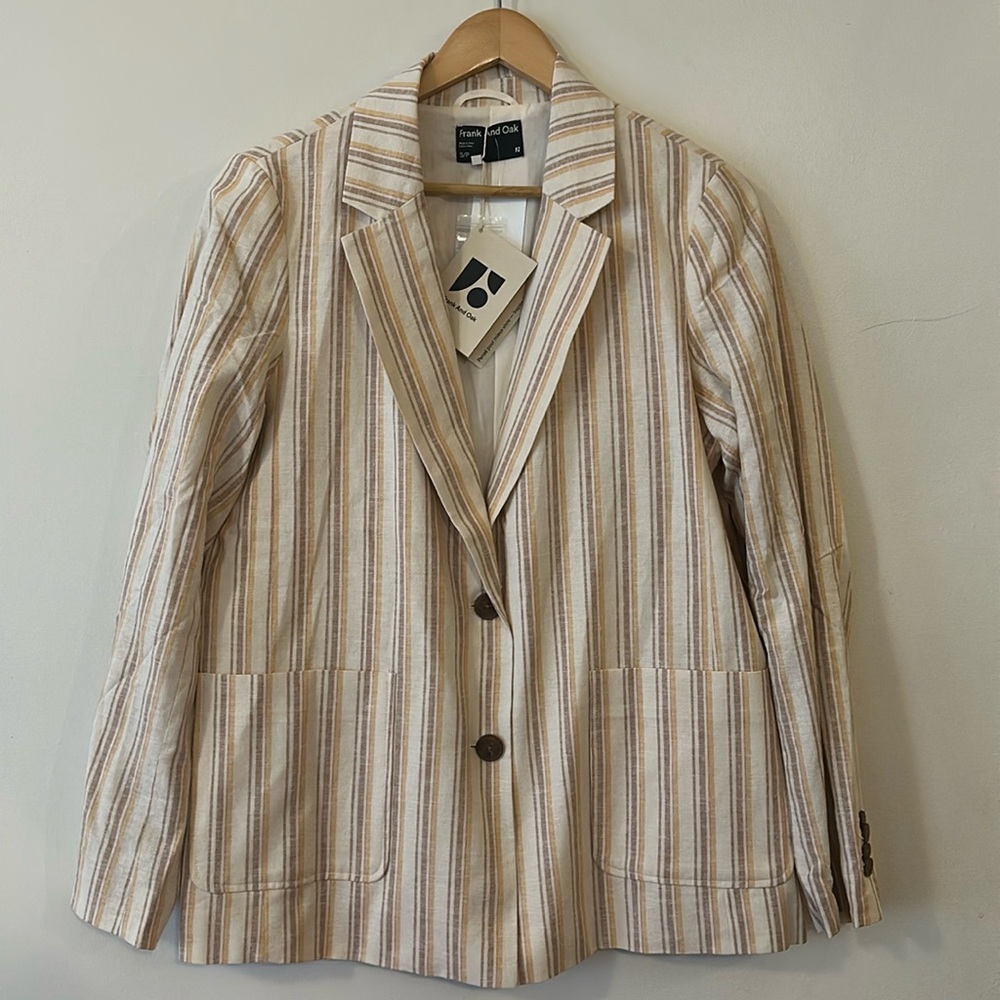 Frank & Oak The Striped Hemp Blend Neutral Relaxed Fit Blazer